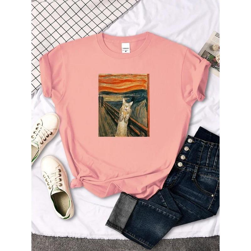 Tshirts Surprised Kitten Oil 3D Painting Print Women T-Shirts