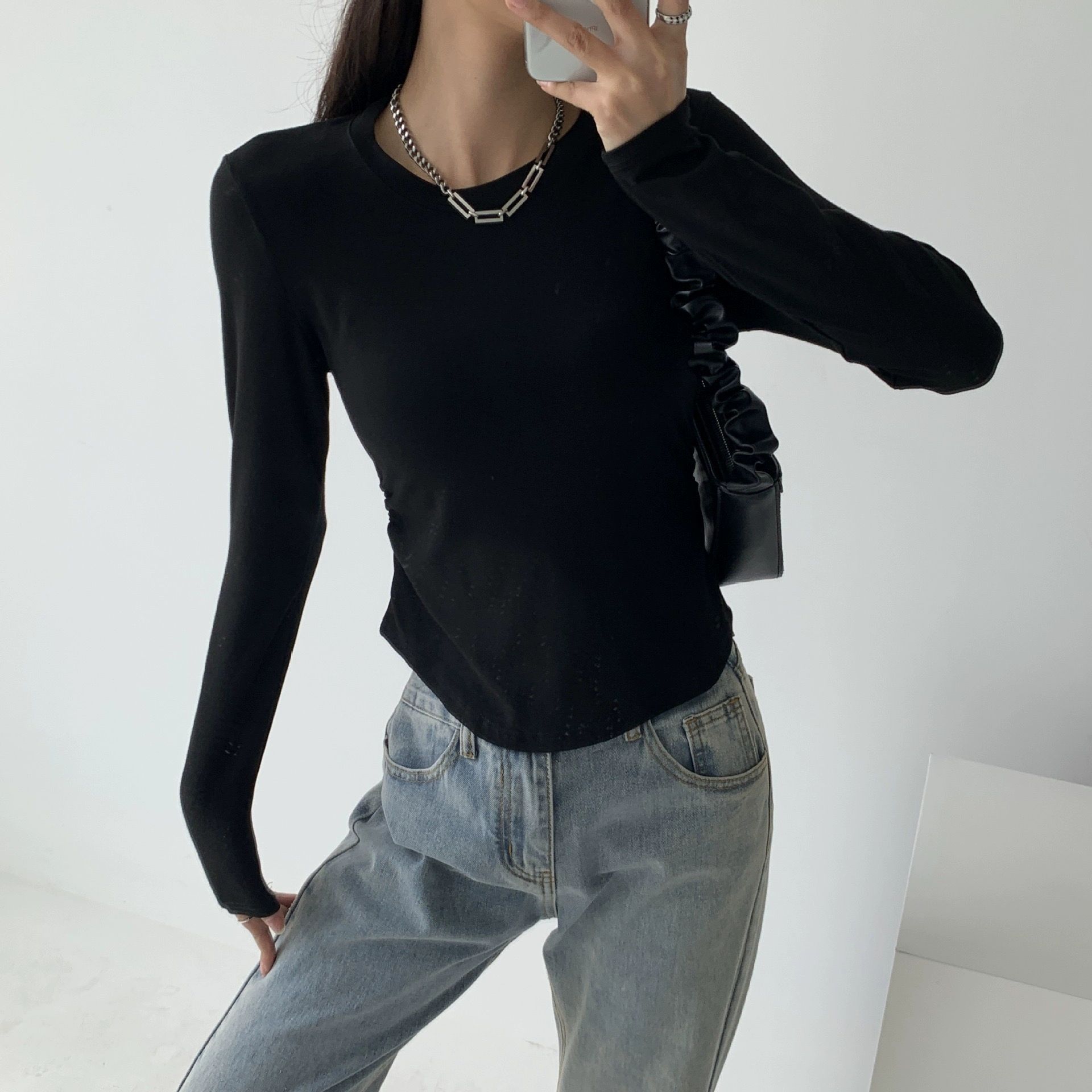 High quality arc hem round neck elastic waist solid color shoulder women s slim waist top bottoming shirt S белый