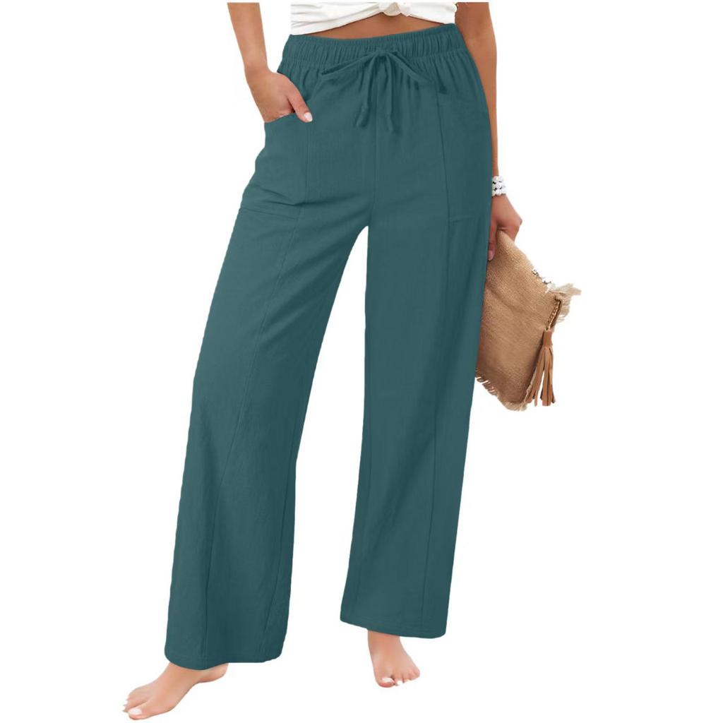 Women's Linen Cotton Drawstring Elastic Waist Wide Leg Pants Casual Loose Straight Leg Trousers with Pockets for Summer