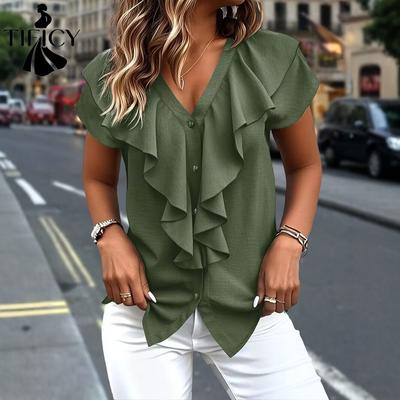Damenmode, lässig, Sommer, Frühling, einfarbig, bedruckt, kurzärmelig, V-Ausschnitt, Blusen und Hemden