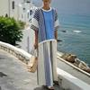 A New Summer Women's Clothing, Printed Striped Color Matching Medium-sleeved Crew Neck Top, Straight Casual Suit.
