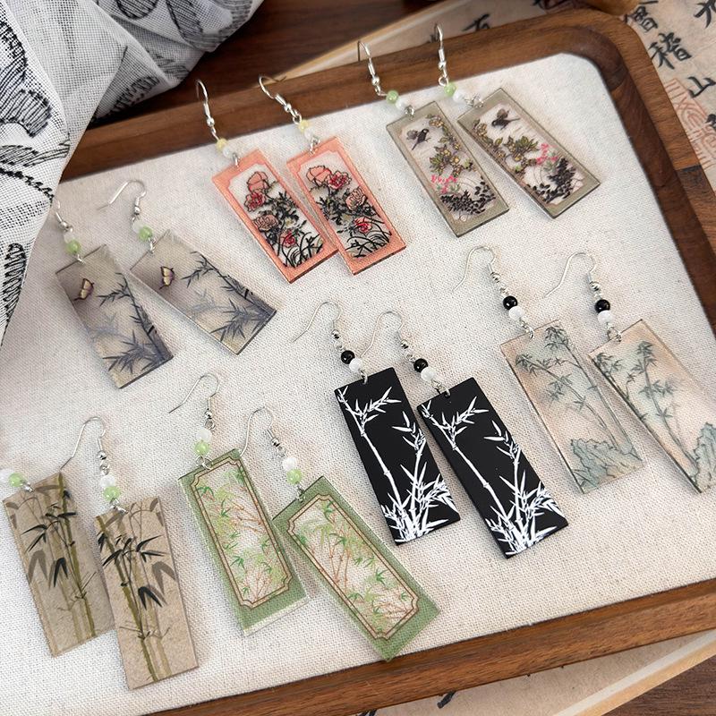 Peony & Bamboo Long Retro Earrings: Chinese Style Creative Acrylic Hooks for Women