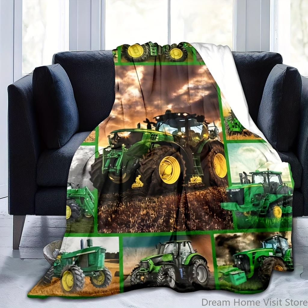 Zelený traktor a bagr plyšová deka-Měkká huňatá flanelová pohovky, postele, kanceláře, cestování, kempingová křesla, Teplá deka do ložnice
