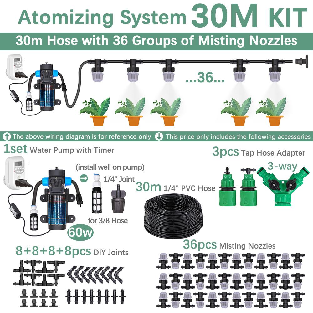 30-10m 60W Self-priming Pump Kit Misting Cooling System 1/4" 4/7mm Adjustable Nozzle Atomizer Sprayer Garden Irrigation Watering