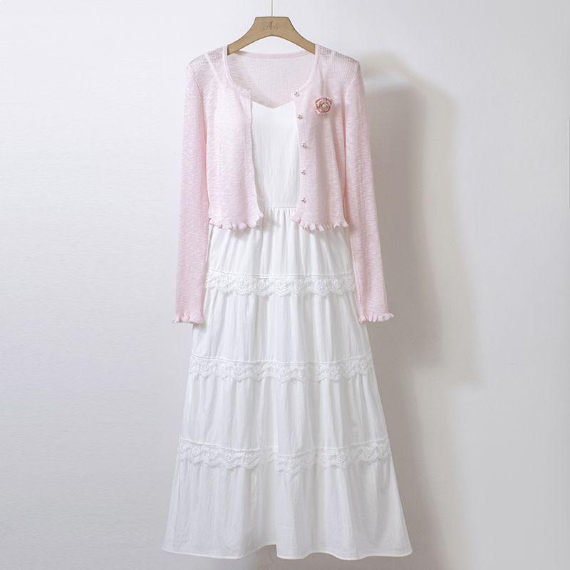 Sweet 2026 White Camisole & Knit Cardigan Skirt Set – New Fashion Two-Piece Dress