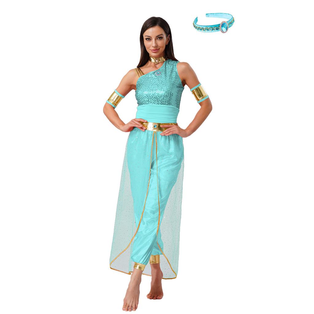 S-XXL Womens Arab Princess Cosplay Belly Dance Jumpsuit with Headwear and Detachable Sleeves Gem Decor Tulle Overlay Rompers Halloween Costume