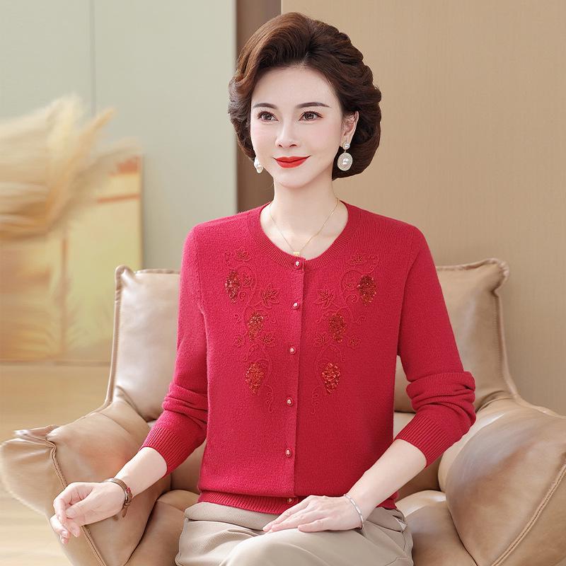 Mom's Elegant Embroidered Wool Cardigan - Stylish Knit Sweater for Middle-Aged and Elderly Women, Perfect for Spring and Autumn.