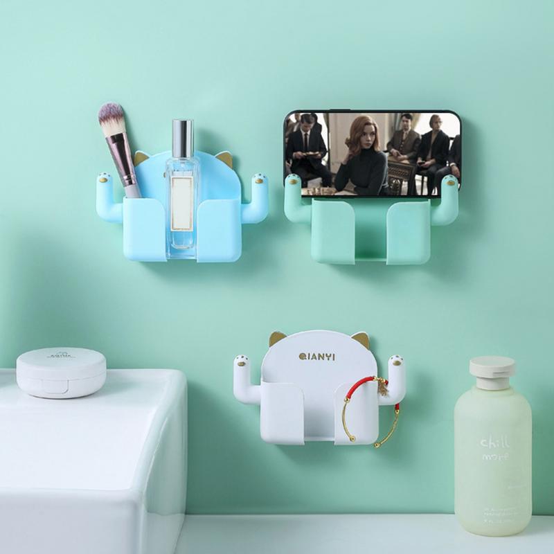 Punch-free Mobile Phone Holder Wall Mount Stand with Hooks Remote Control Organizer Storage Box Charging Bedside Container Rack