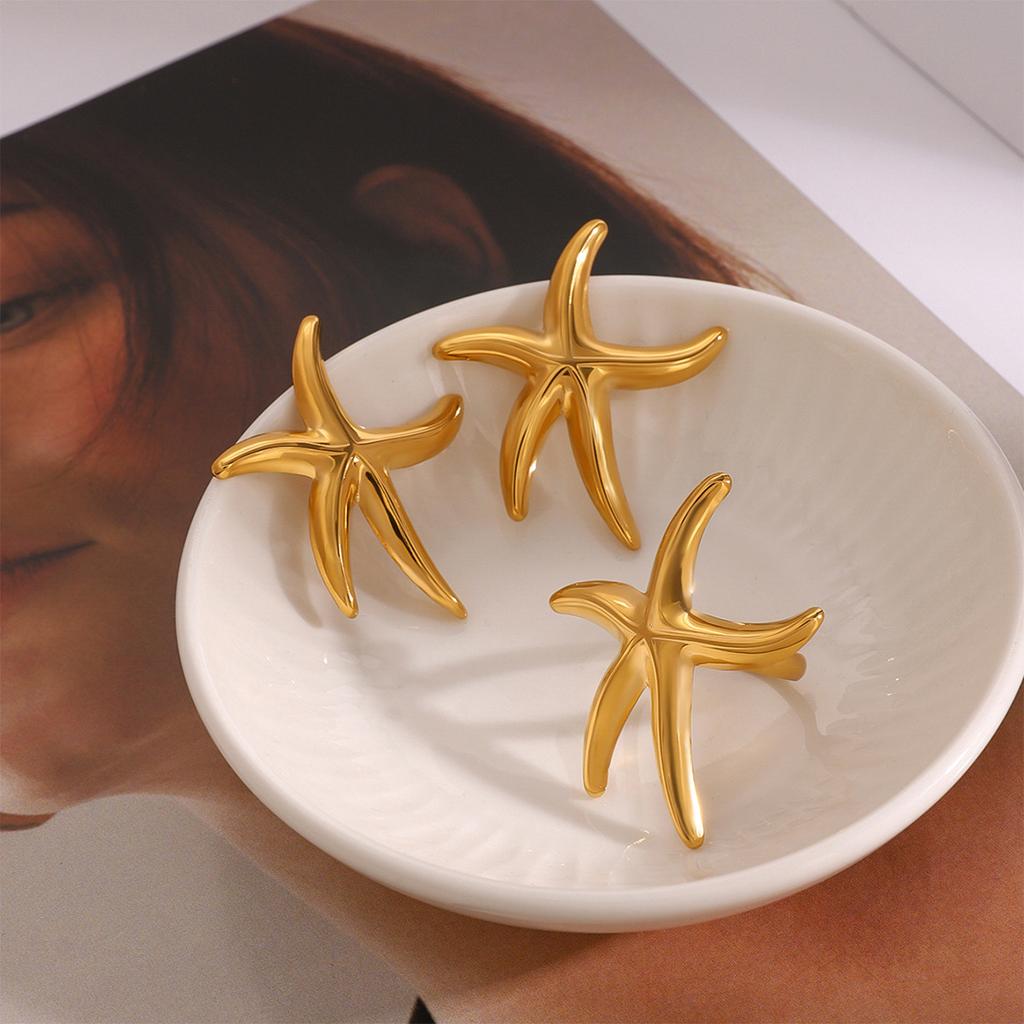 Boucles d'oreilles Anneau Étoile de Mer Style Océanique Été pour Femmes Couleur Or 18K Acier Inoxydable Bijoux de Vacances Quotidiennes Cadeau
