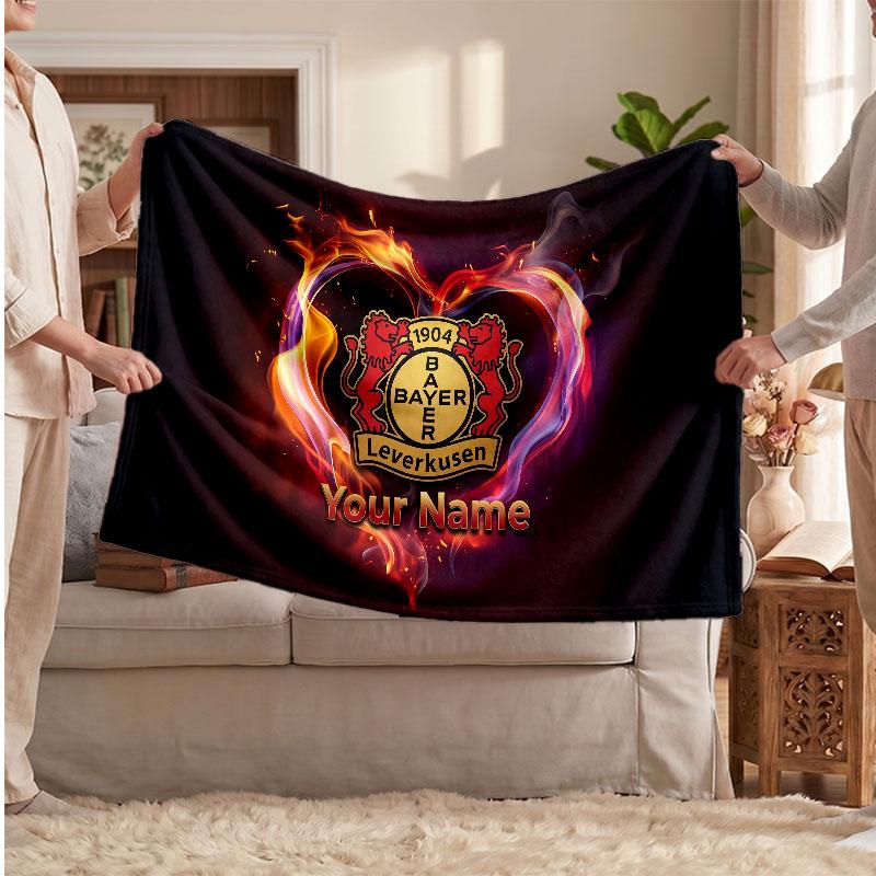 Bayer Leverkusen Football Personalized Fleece Blanket With Football Logo, Custom Name Text Soft Warm Home Throw Blanket