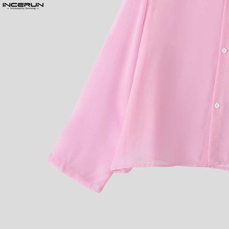 INCERUN Oversized Men Lapel Neck Drop Shoulder Long Sleeve See Through Mesh Shirts Tops