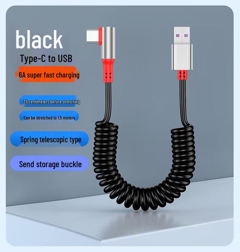 Câble USB Rétractable à Ressort Double Coude 6A Charge Rapide pour Téléphones & Voitures