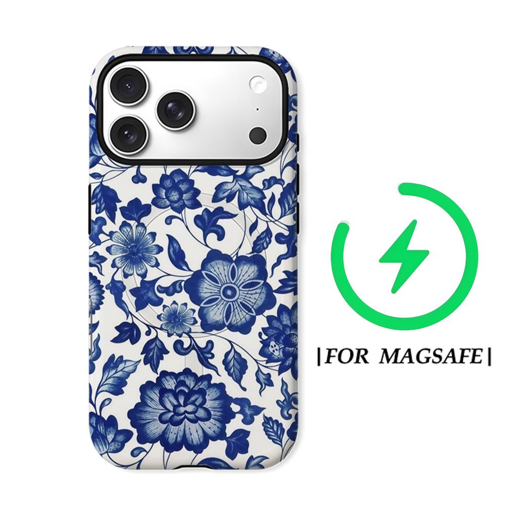 Blue & White Floral MotifFor Magnetic Phone Case for IPhone 17 16 15 14 13 Pro Max Plus Single Double-layer Tough Case