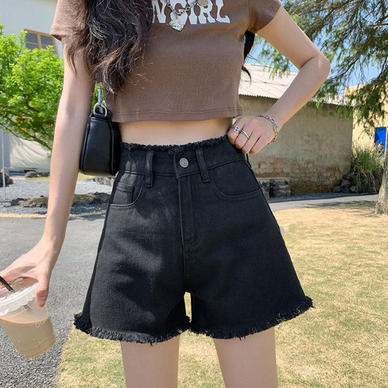 

Casual wide-leg denim shorts women s thin summer high-waisted versatile small slim trendy ins rough edge a-shaped hot pants 2XL чорний