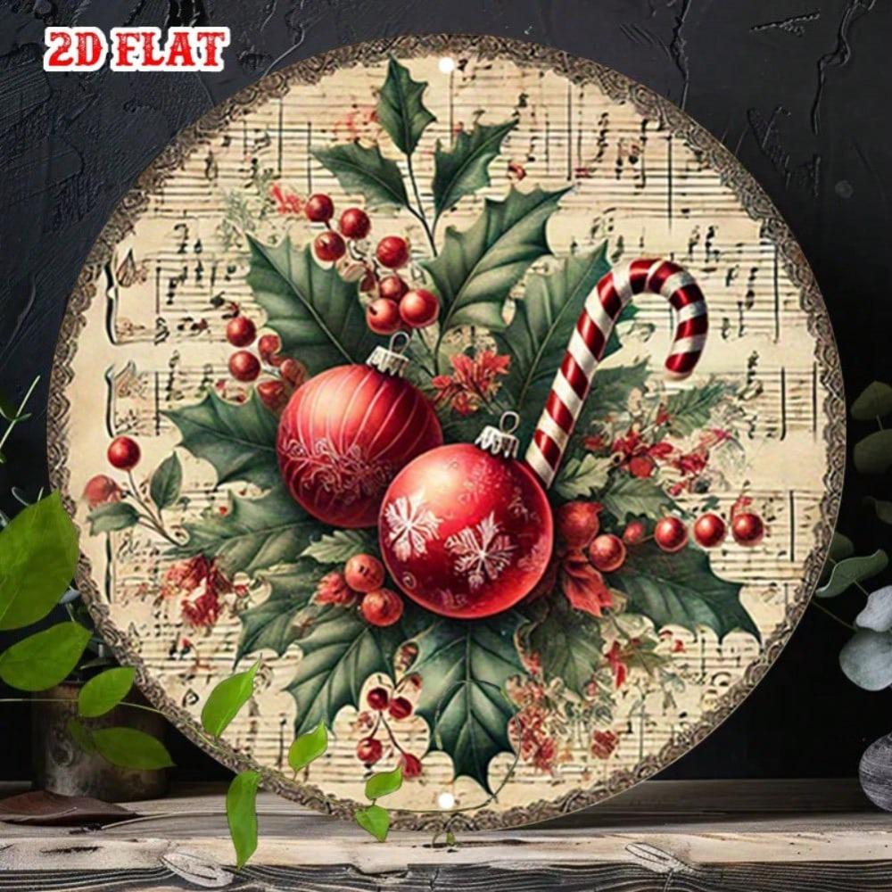 Vintage Christmas Metal Tin Sign Round Wall Art Rustic Holiday Decor