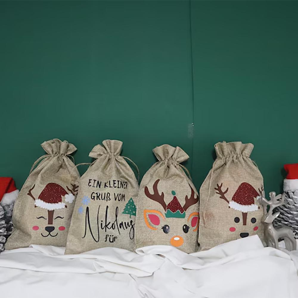 

4Pcs Christmas Burlap Goody Bag Santa Claus Drawstring Gift Bag Christmas Wrapping Elk Xmas Party Decor Stocking Favors New Year 4pcs 13X18cm