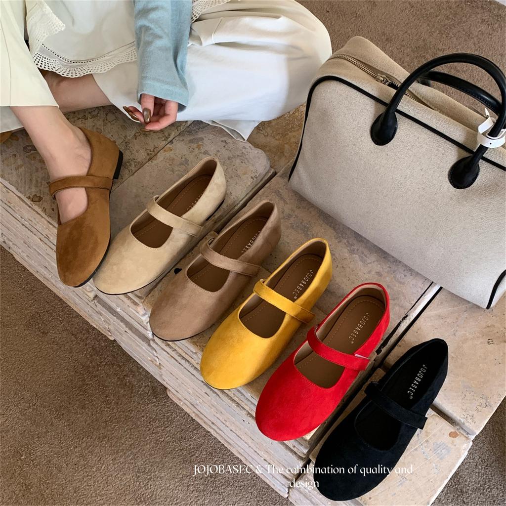 French retro suede ballet single shoes women's 2025 autumn new Korean version one-word strap flat Mary Jane women's shoes
