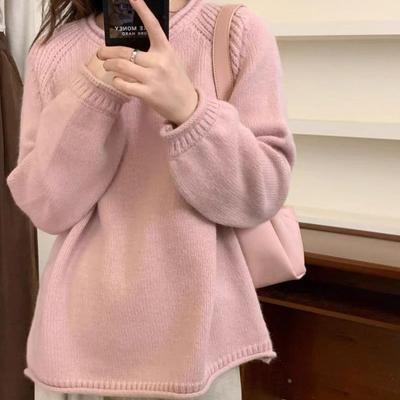 Jesienny damski sweter pulowerowy w minimalistycznym stylu koreańskim, z podwiniętymi mankietami, w jednolitym kolorze, luźny, w stylu leniwym, retro dzianinowy top