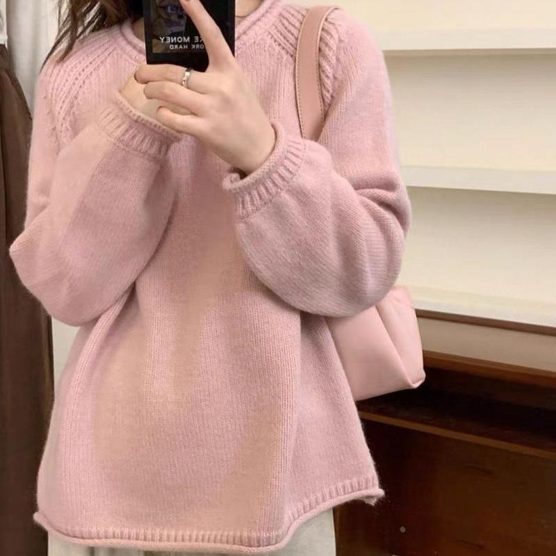 

Осенний женский пуловер минималистичного стиля в корейском стиле однотонный с подвернутыми манжетами свободного ленивого кроя ретро вязаный топ S