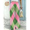 Pink-green checkered women's plus-size wide-leg pants, drawstring elastic waist pants, straight-leg version