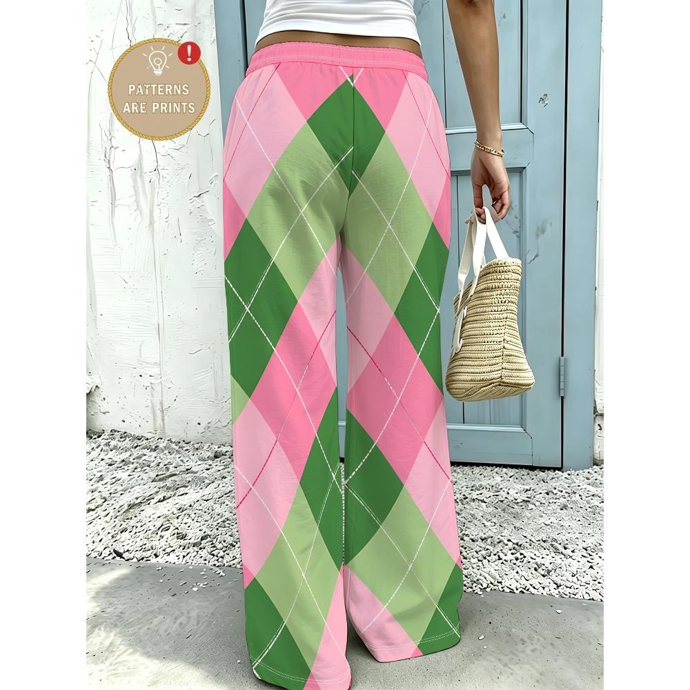 Pink-green checkered women's plus-size wide-leg pants, drawstring elastic waist pants, straight-leg version