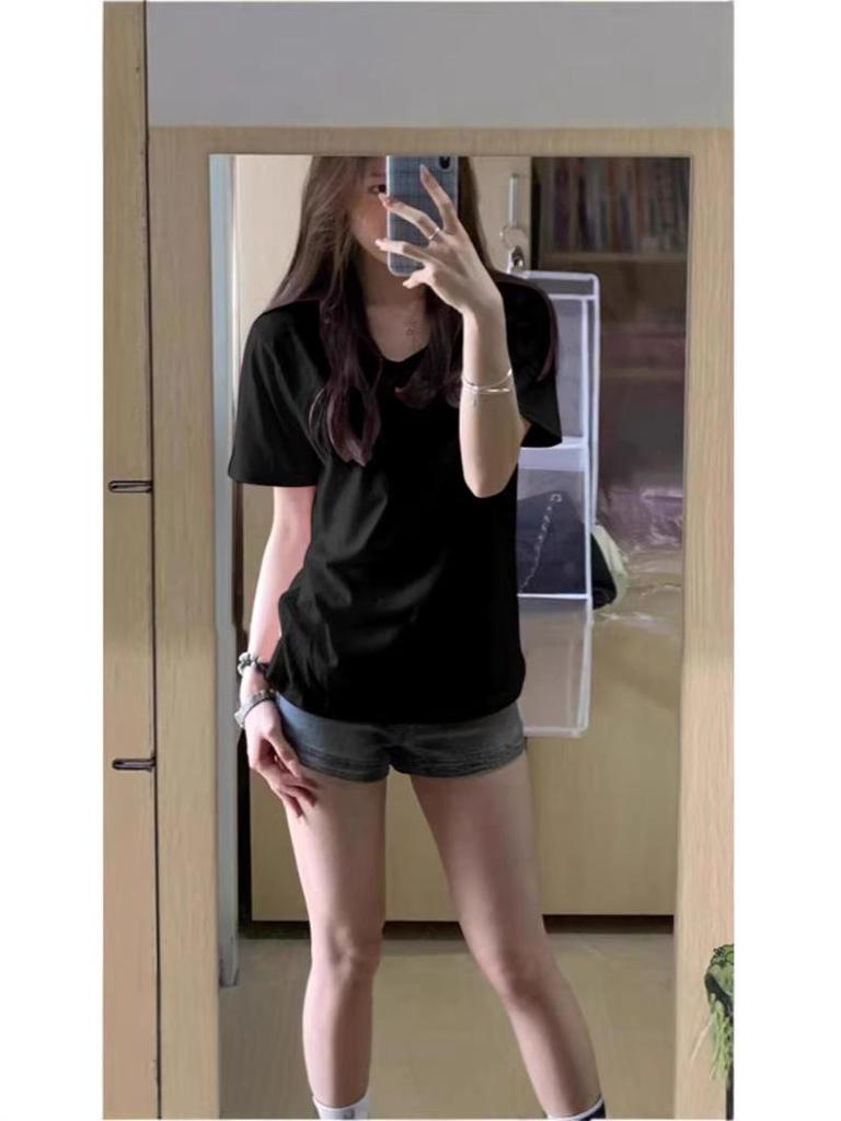 Women's Pink V-Neck Short-Sleeve T-Shirt - Summer 2026 Korean Style, Loose Fit, Slimming, Versatile Plain Color Half-Sleeve Top
