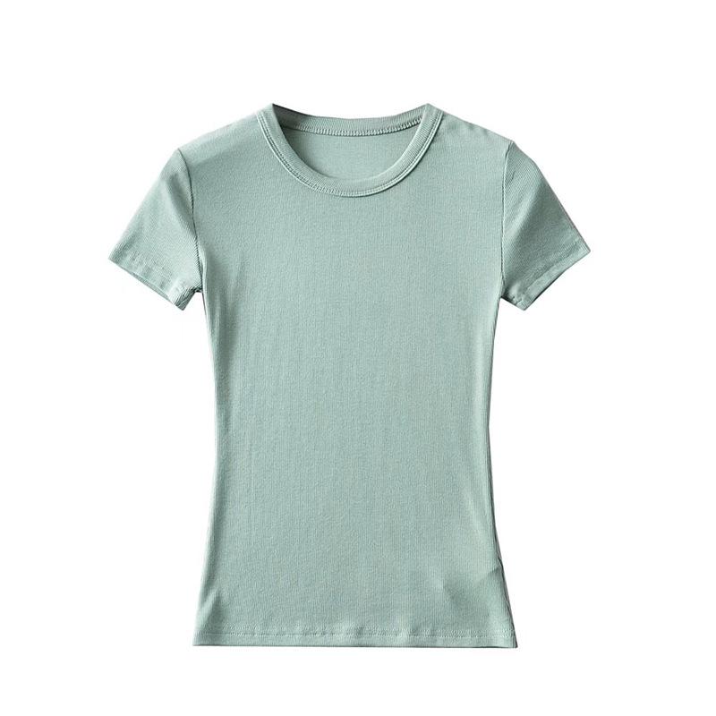 YPFF Summer Women's Solid Color Elastic Thread Basic Short-Sleeve Round Neck Top