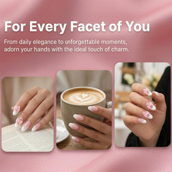 24Pcs Pink Bow Women Press on Nails, Faux Pearl Almond Stick-on Fake Nails, French Tip Glue on False Nails for Office Date Party Wedding