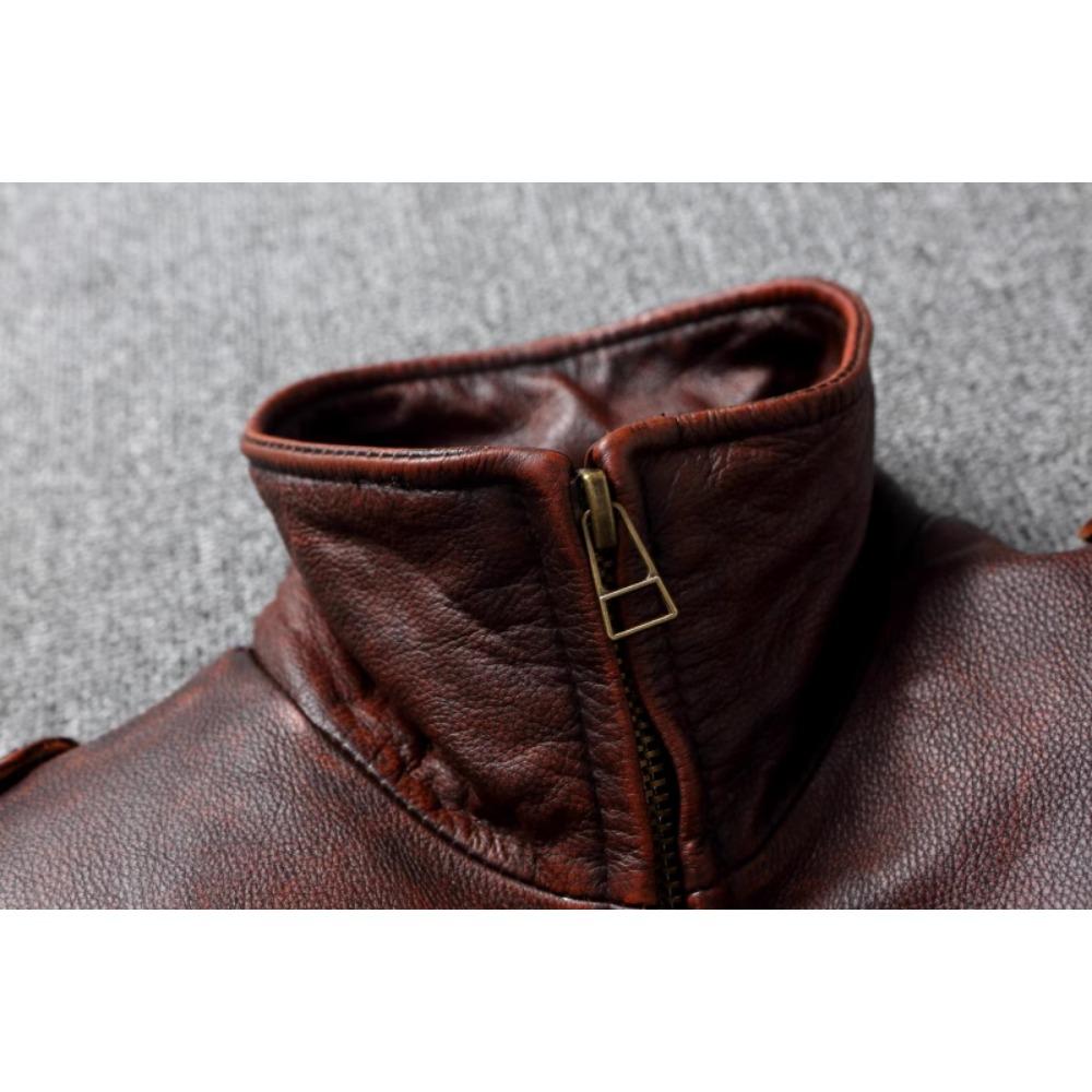 Chinese Size Vintage Red Brown Men Leather Jacket M65 Hunting Flight Jacket Genuine Cowhide Coat Autumn