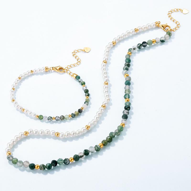 Minimalist Moss Agate & Pearl S925 Silver Bracelet
