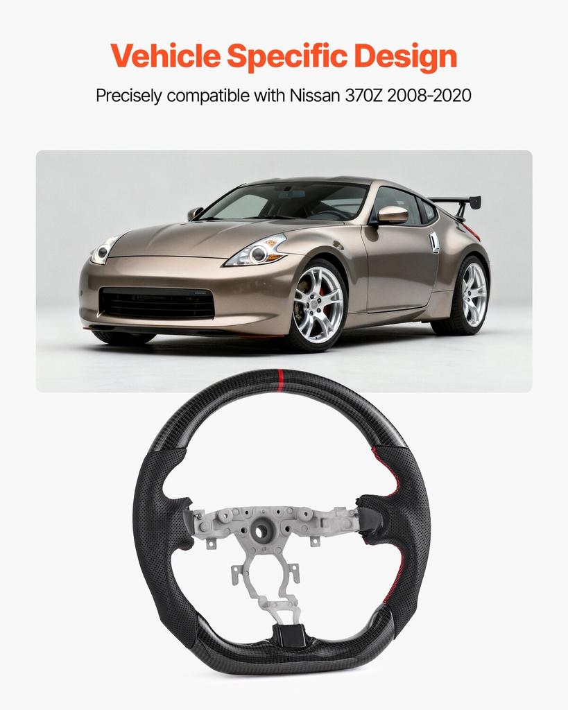 Volante per Nissan 370Z 2008-2020, Volante in Fibra di Carbonio a Forma di D con Fondo Piatto, Impugnatura in Pelle con Texture Antiscivolo e Cuciture Precise,