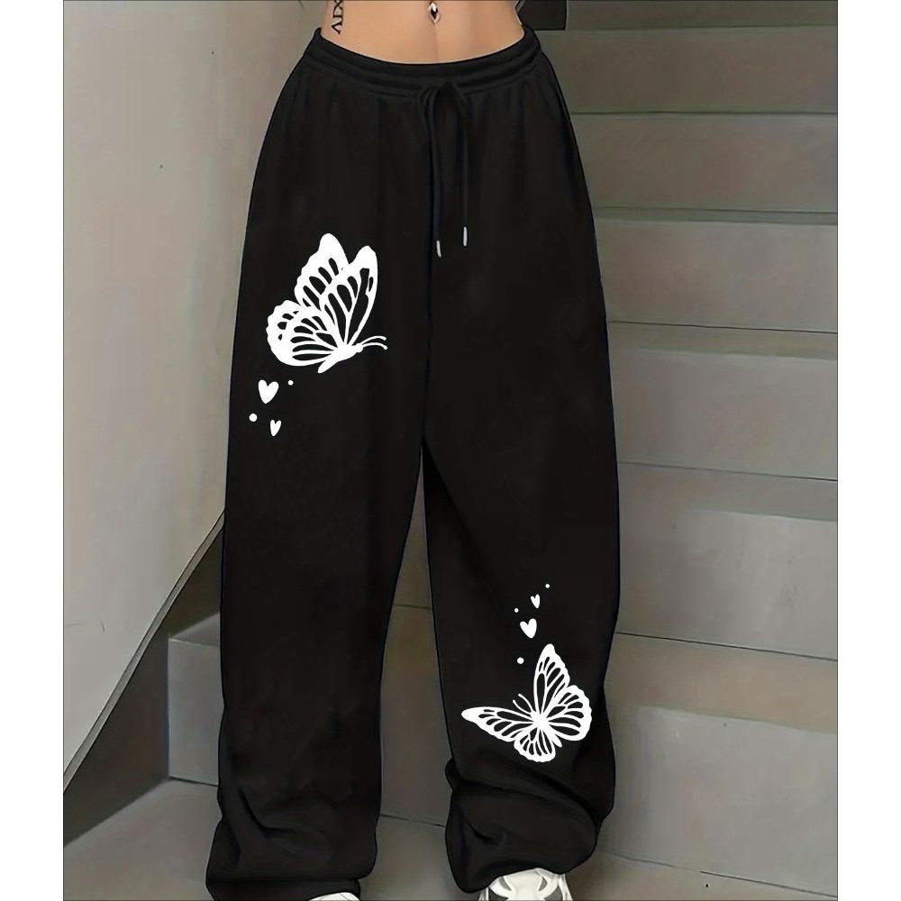 Sportbroek met vlinderprint, met trekkoord en elastische tailleband, Amerikaanse casual trend, rechte damesbroek