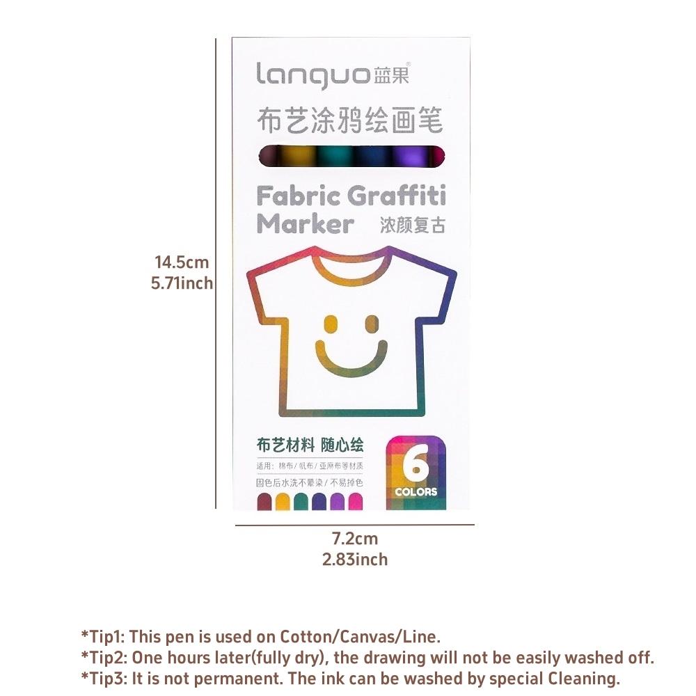 6pcs Fabric Graffiti Marker Pens Set Washable & Reusable Drawing for Cotton Canvas Linen DIY Paint School