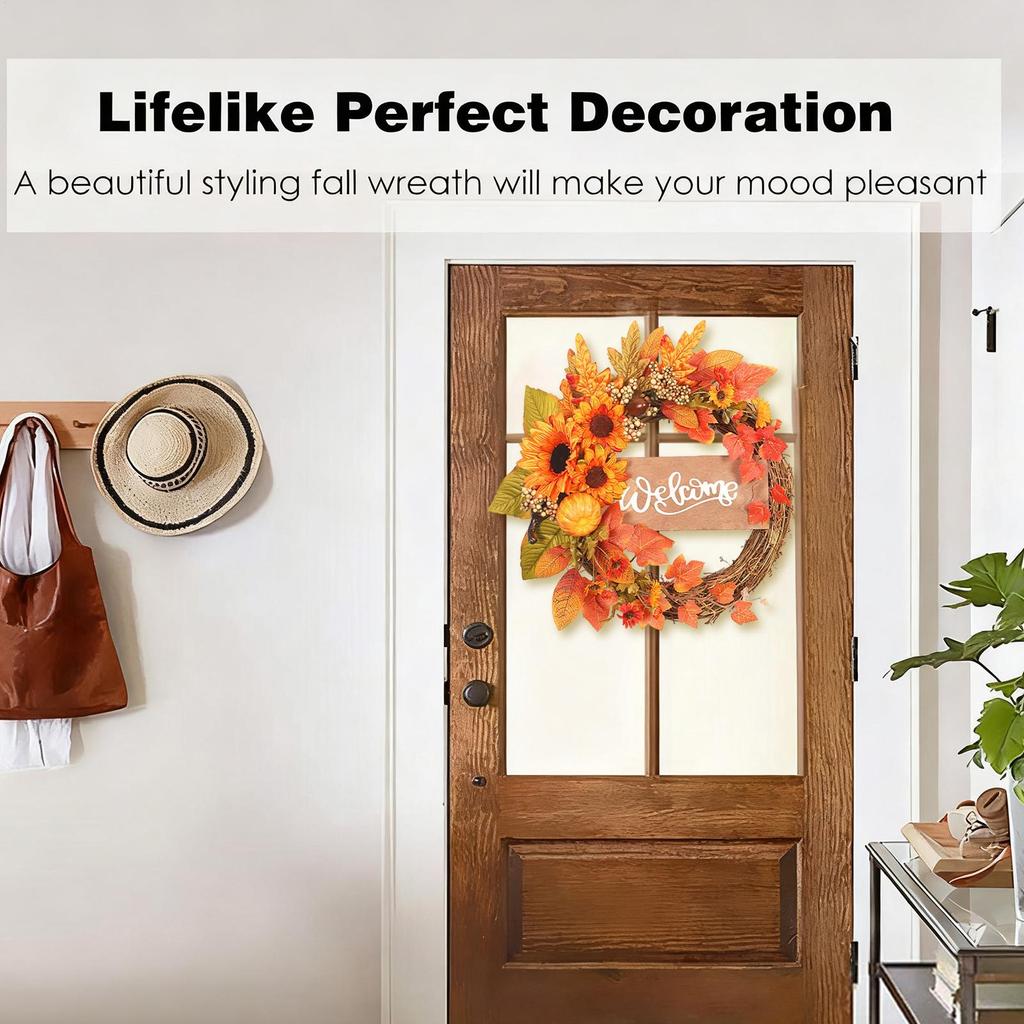 Fall Wreath Sunflower Pumpkin Maple Thanksgiving Decor Artificial Holiday Wreath For Harvest Festival Office Apartment Coffee