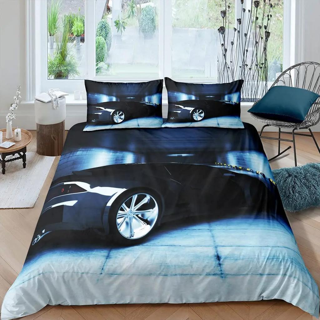 Race Car Bedding Set Cool Speed Racing Duvet Cover Set Black Sport Car Quilt Cover For Men Polyester Comforter Cover Set Cool