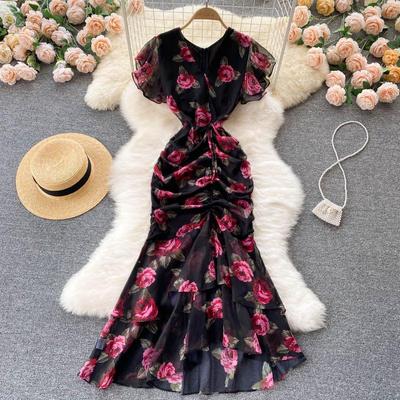 Elegantní šifonové večerní šaty s volánky a vlečkou