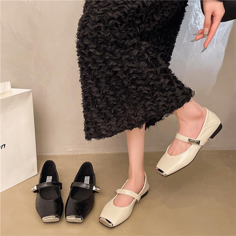 French metal square head shallow mouth single shoes women's 2025 spring new retro one-word belt Mary Jane soft-soled small leather shoes