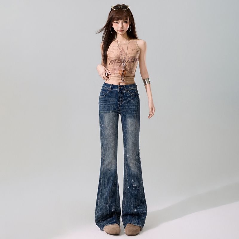Spring Summer Full Star Rhinestone Vintage Y2K Horse Hoof Raw Edge High Waist Stretch Micro Flare Denim Pants For Ladies Casual Denim Trousers