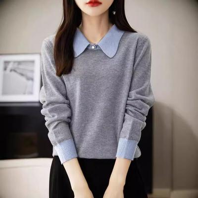 Pullover-Sweater mit Revers in Kontrastfarbe für Damen Herbst und Winter Lockerer Colorblock Strick-Unterziehpullover mit Top