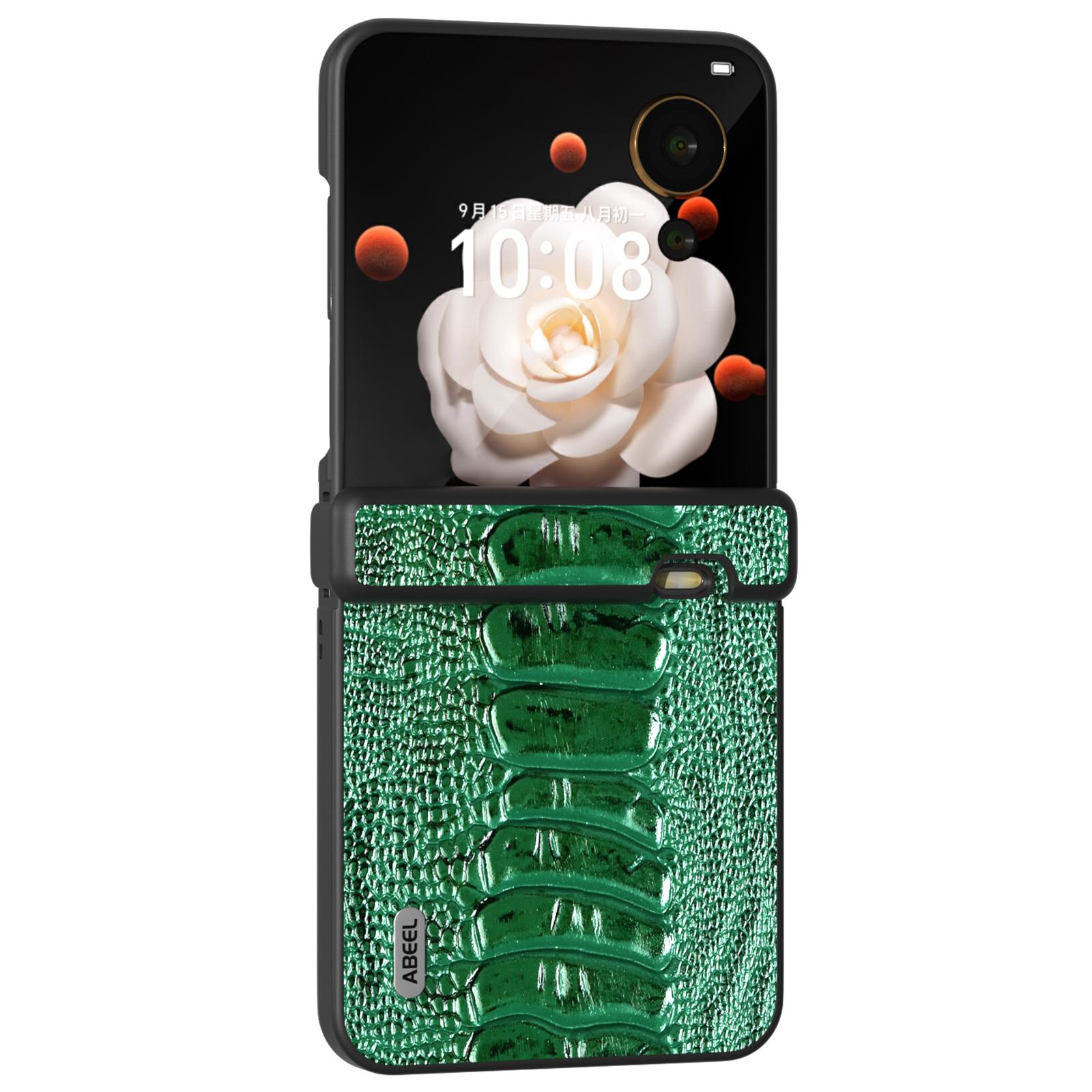 

For Honor Magic V Flip 5G Case Genuine Cow Leather+PC Cover Hinge Protection Green