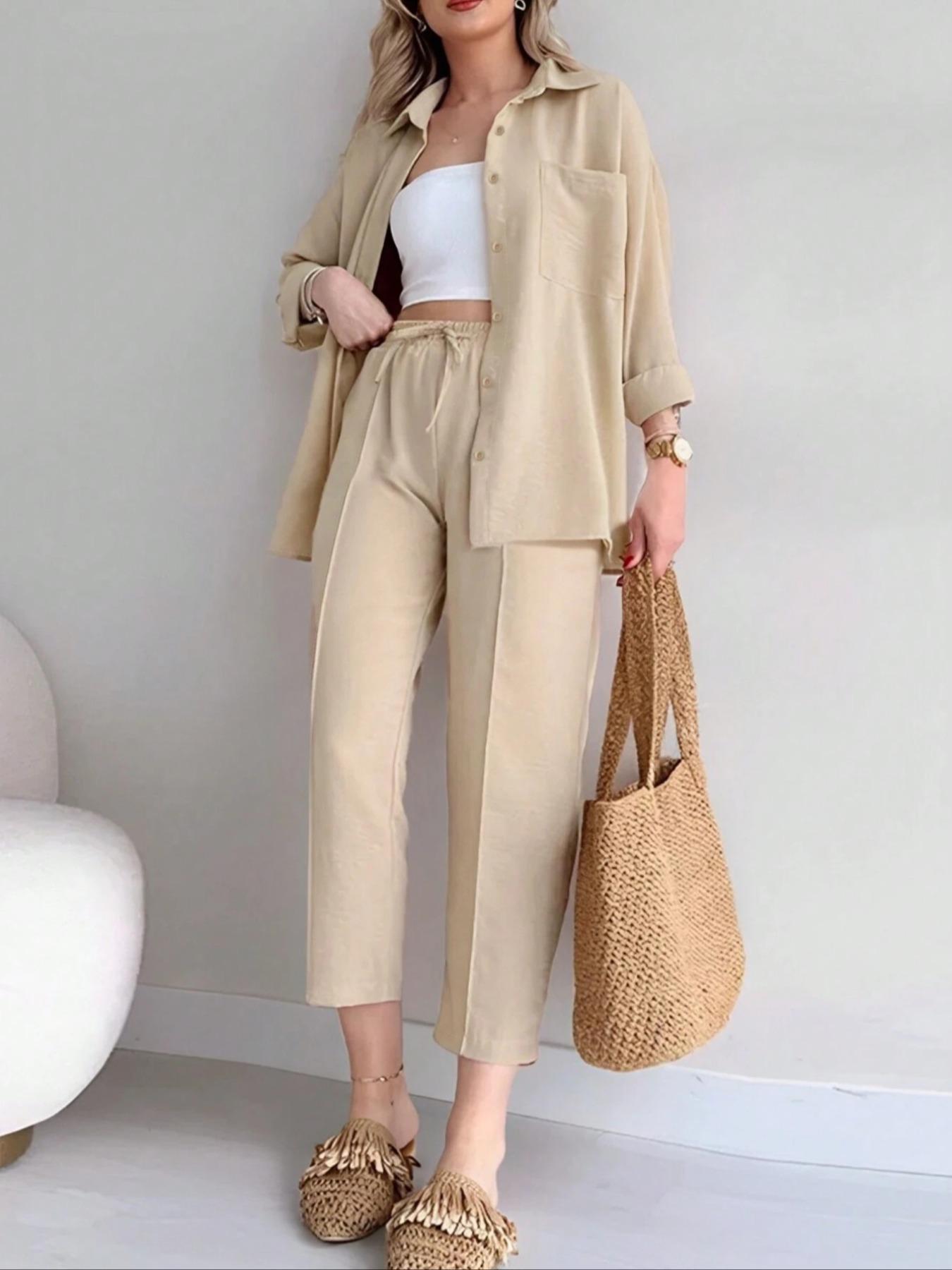 

European and American Women s Casual Two-Piece Set: Loose Shirt Jacket and Nine-Point Sports Pants Large бежевий