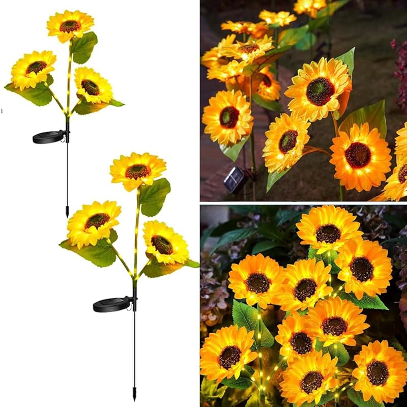 

YZYOE 2 pack LED solar three-headed sunflower decorative lights, 2 modes outdoor garden atmosphere light and garden landscape light, Wireless