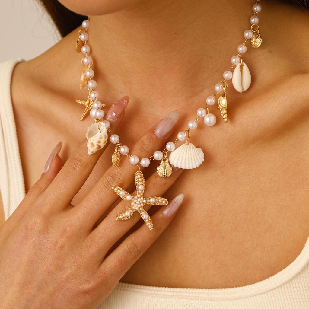 Set Collana e Bracciale Estivo Bohemien con Stella Marina, Conchiglia e Perle