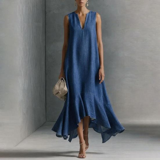 Women's Long Denim Dress Casual Loose Sleeveless V Neck Maxi Dress
