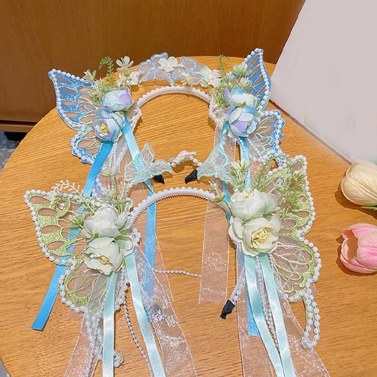 Pearls Headband Butterfly Ribbon Pageant Prom for School Play Stage Props