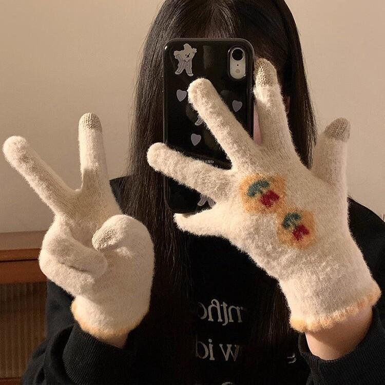 Knitted Five Finger Gloves for Women In Winter  Warm and Velvet Thickened  Student Anti Cold and Freezing Cycling Gloves