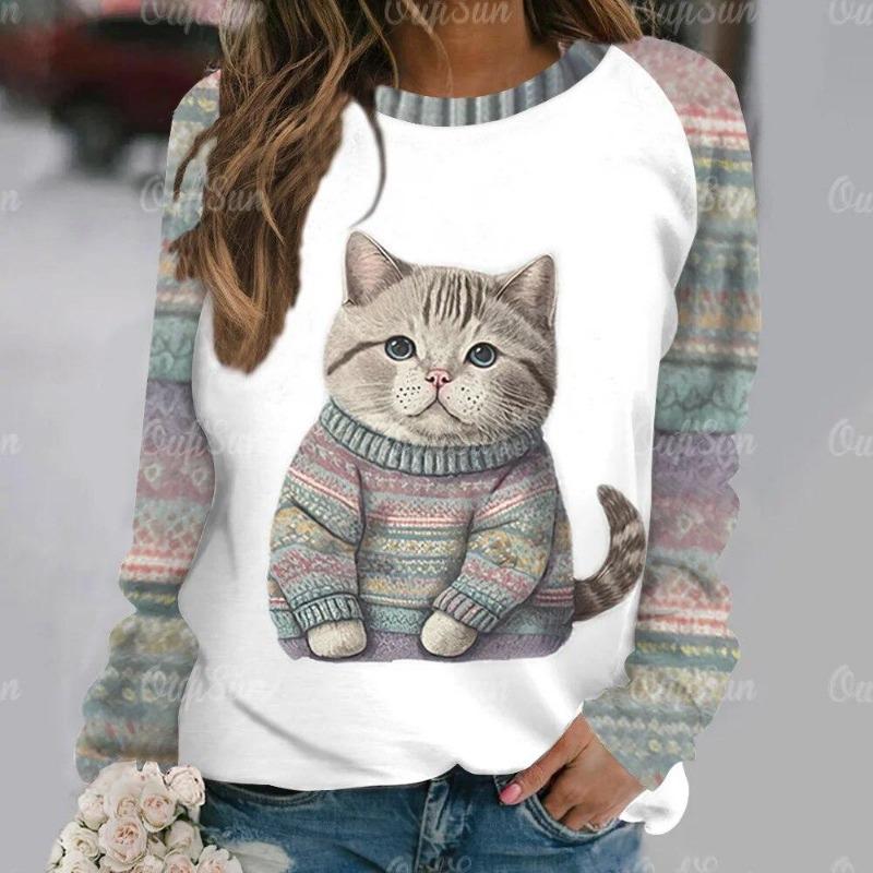 Mode Kawaii Katt Djur Tryck Långärmade T-shirts För Kvinnor Sweatshirts Dam Söt O-Hals Pullover Kvinna T-shirts Topp Kläder