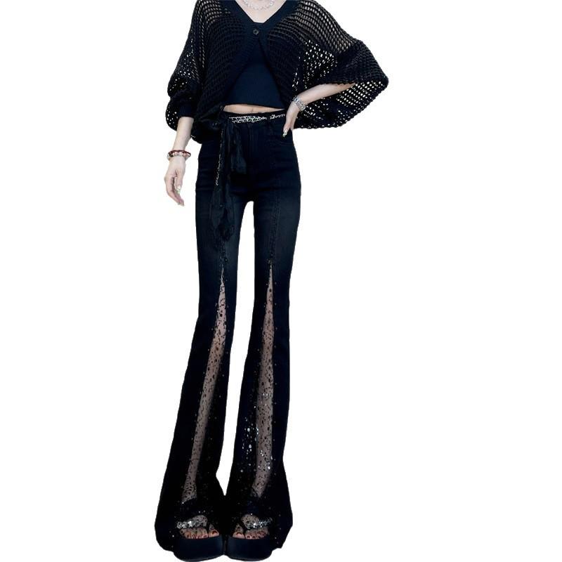 

Women s Black Lace Patchwork Micro Flare Rhinestone Jeans - Summer 2025 High Waist Slimming Bell Bottoms M