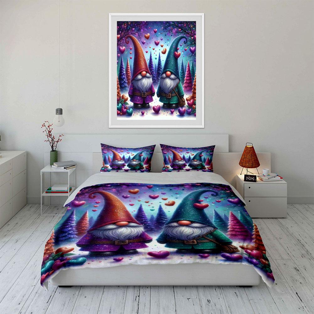 Gnome Couple with Glitter Hearts Bedding Duvet Cover Set (1*Duvet Cover 2*Pillowcases, without duvet insert)