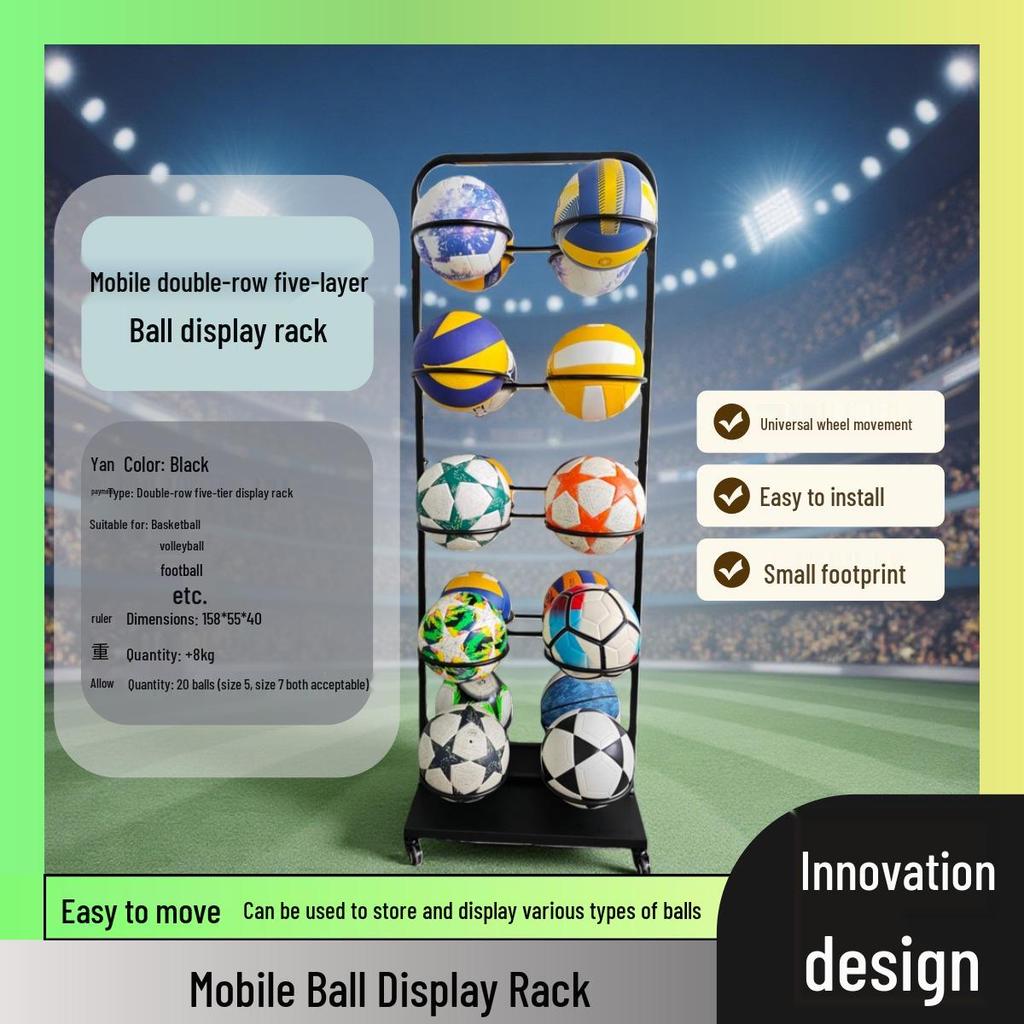 Movable Multi-Layer Sports Ball Display Rack for Basketball, Volleyball & Football